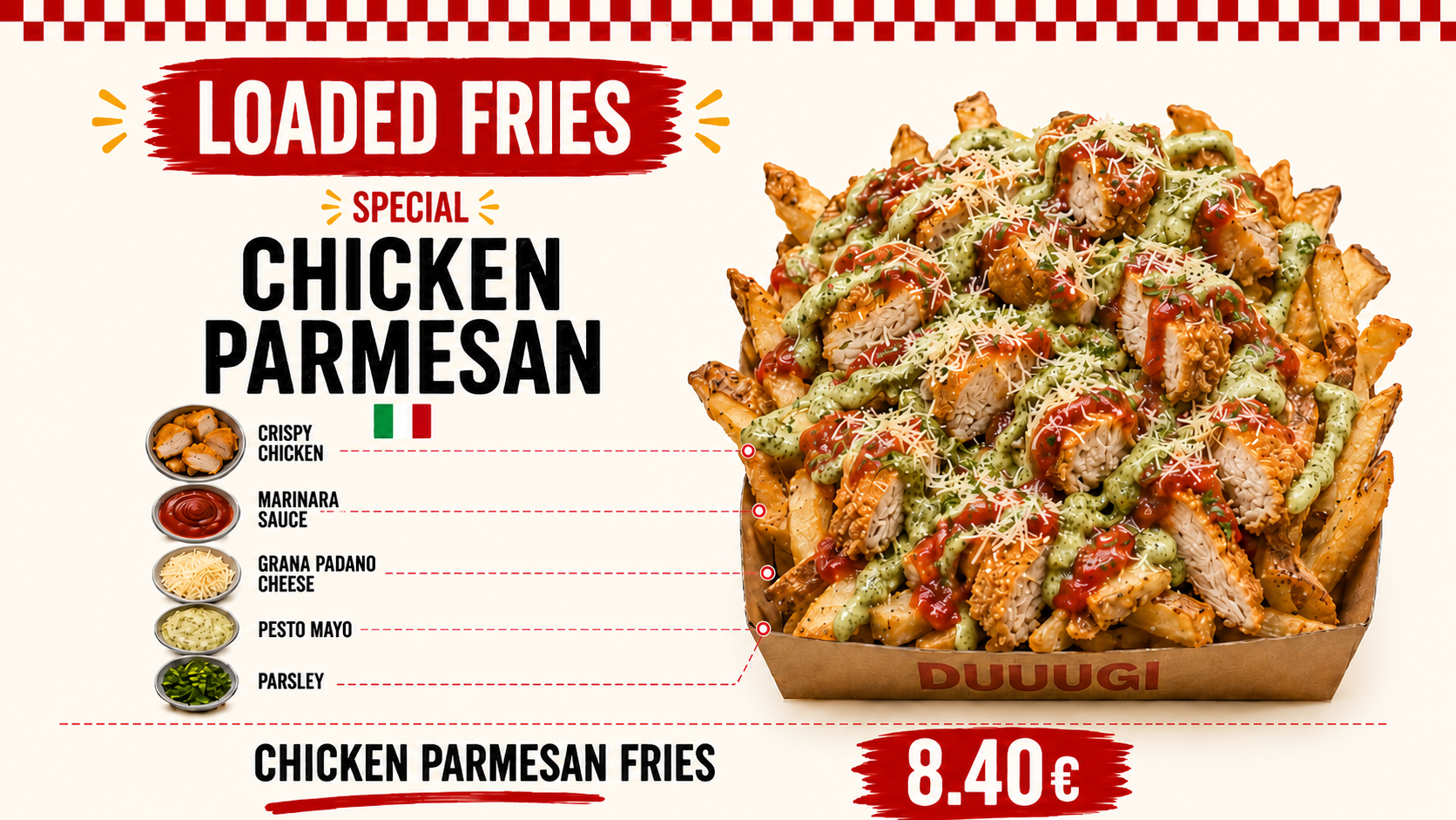 Chicken Parmesan Fries s hrskavom piletinom, umacima i sirom