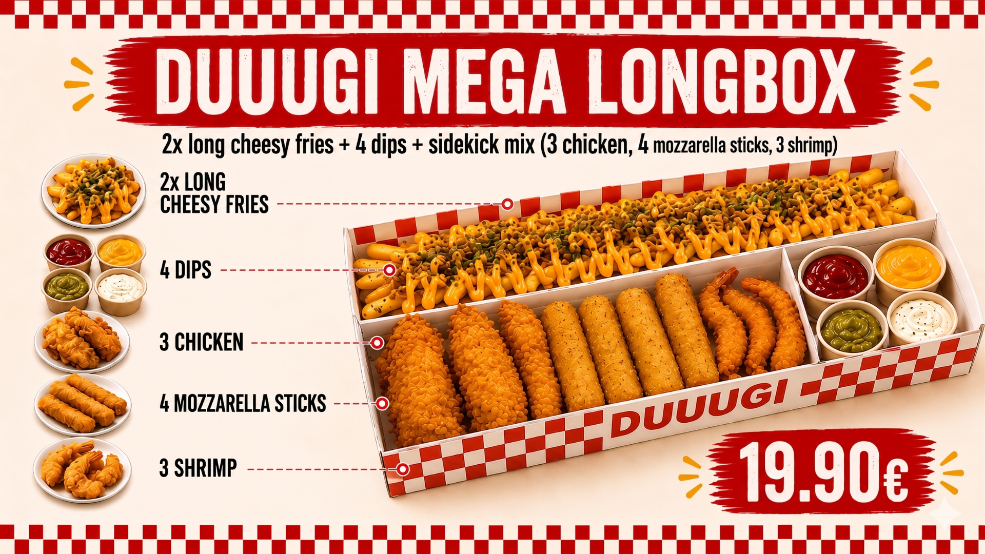 DUUUGI Mega Longbox s krumpirićima, dipovima i hrskavim zalogajima